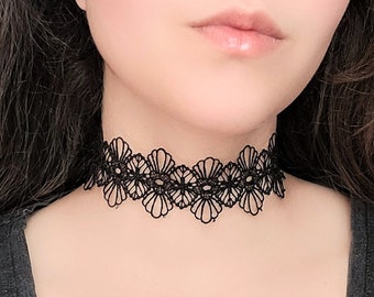 Black Lace Choker, Victorian Flower Necklace, Gothic Choker, Goth Jewelry, Floral Embroidered Wide Lace