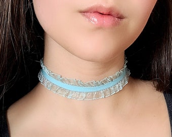 ライトブルーのフリルチョーカー、フリルレースチョーカー、スイートロリータジュエリー、キュートなパステルゴスネックレス、カワイイネックレス