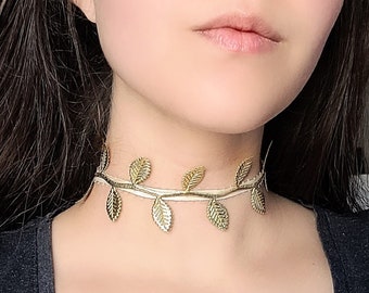 Gold Vine Necklace, Leafy Elven Necklace, Whimsical Fairycore Choker, Greek Goddess Costume, Fairy Elf Costume, Leaf Jewelry