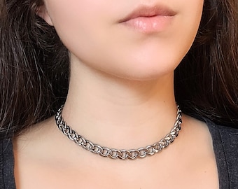 Gargantilla de cadena grande, collar de cadena de eslabones cubanos de acero inoxidable de gran tamaño, collar gótico de los 90, cierre de palanca de plata, joyería grunge, gargantilla punk