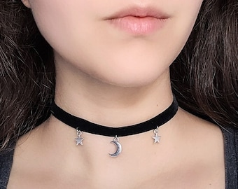 Black Velvet Moon Choker, Crescent Moon Charm, 90s Goth Jewelry, Emo Star Necklace, Space Necklace, Whimsigoth Jewelry