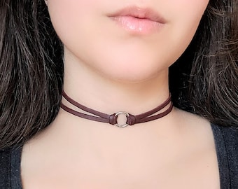 Thin Red O Ring Choker, Layered Vegan Leather Collar Choker, Gothic Burgundy Faux Leather Necklace, 90s Goth Clothing, Grunge Punk Jewelry