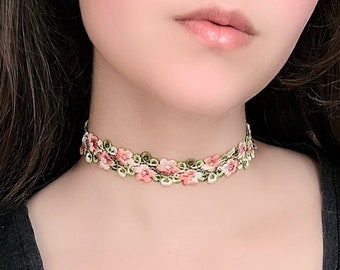 Fairycore Lace Choker, Pink Flower Necklace, Whimsical Fairy Necklace, Cottagecore Vine Embroidery Floral Choker