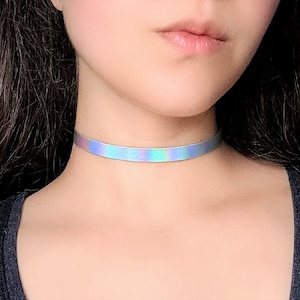 Cyberpunk Leather Choker, Thin Holographic Punk Choker, Pastel Goth Jewelry, Silver Iridescent Rainbow 90s Rave Necklace, Cybergoth Techwear