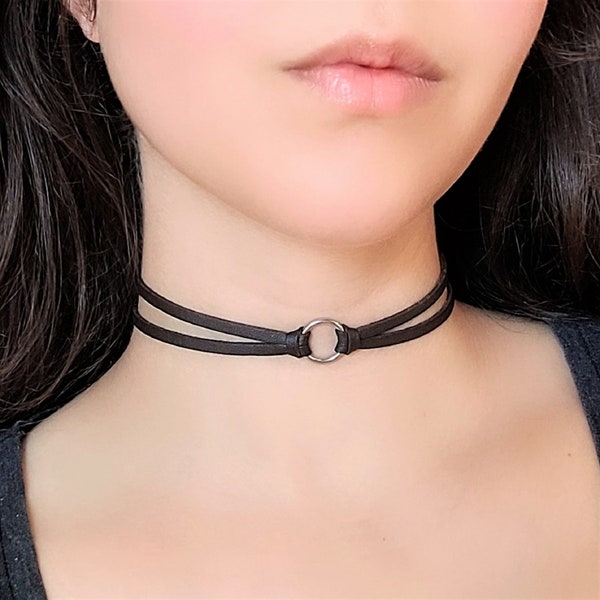 Small O Ring Choker, Tiny O Ring Double Layer Brown Vegan Leather Collar Choker,  Knotted Leather Necklace, 90s Grunge Goth Jewelry