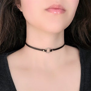 May include: A brown leather choker necklace with a silver circle pendant.