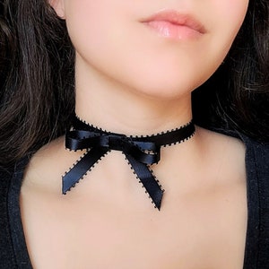 Gothic Lolita Bow Choker, Black Satin Ribbon Bow Necklace, Victorian Choker, Emo Mall Goth Necklace, Coquette Kawaii Necklace