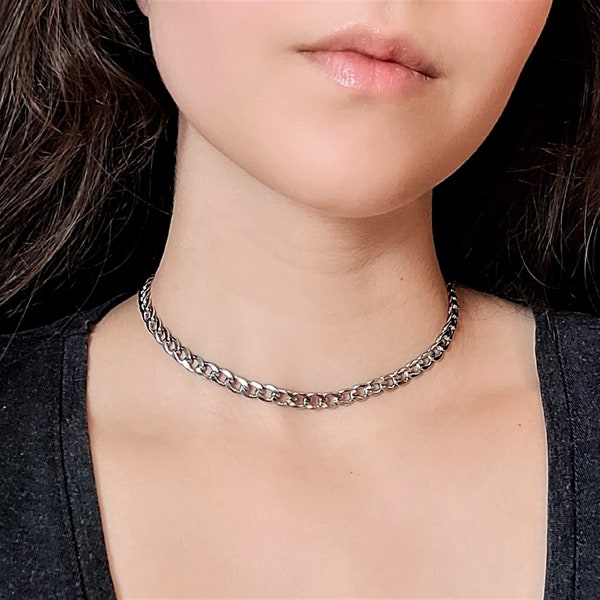 Cuban Link Chain Choker, Stainless Steel Curb Chain, Big Chain Necklace, Silver Toggle Clasp, 90s Goth Choker, Punk Jewelry, Emo Necklace