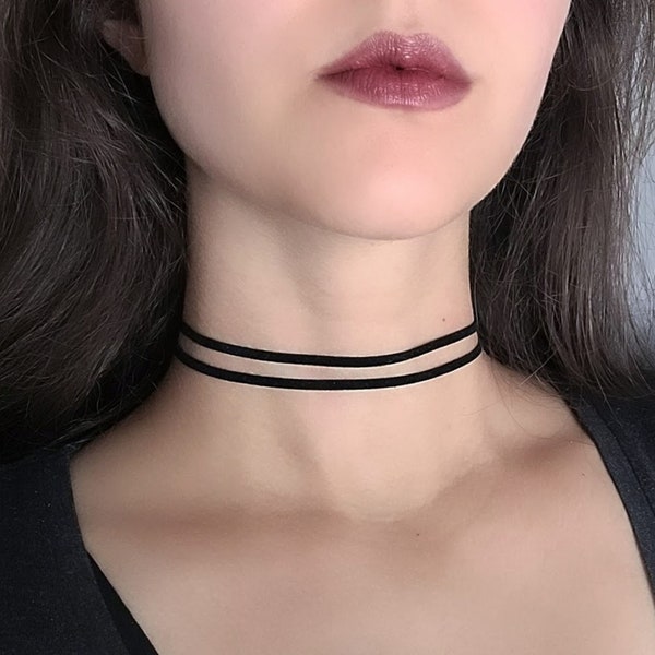 Black Layered Choker, Tiny Faux Suede Necklace, Grunge 90s Goth, Thin Minimalist Jewelry