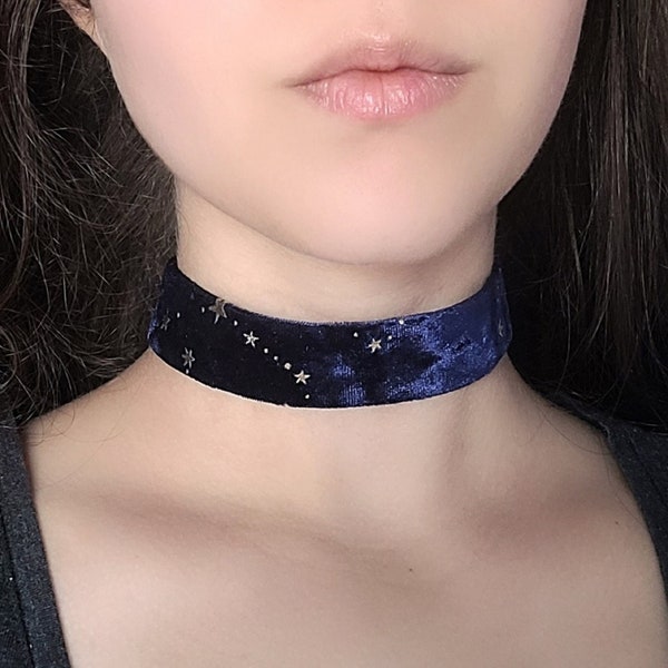 Blue Goth Velvet Choker, Constellation Necklace, Space Necklace, Gold Star Choker, Fairycore Celestial Whimsigoth Jewelry