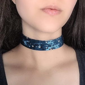 Teal Goth Velvet Choker, Constellation Necklace, Gold Star Choker, Space Celestial Whimsigoth Jewelry, Magical Fairycore Jewelry
