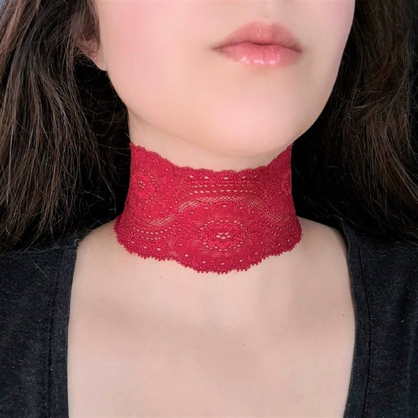 Fantasy Fairycore Red Wide Lace Collar Choker Necklace with Adjustable Clasp