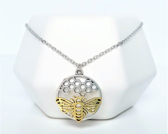 Honey Bee Necklace, Honeycomb Pendant, Hexagon Geometric Jewelry, Silver Honey Comb, Nature Necklace, Dainty Silver or Gold Chain