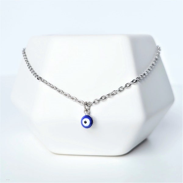 Minimalist Evil Eye Necklace, Dainty Silver Chain Choker, Blue Mati Greek Evil Eye, Protection Necklace, Boho Jewelry
