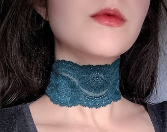 Whimsigoth Wide Lace Choker Emerald Green Fairycore Forest Elven Necklace, Goth Dark Fantasy Fae Jewelry
