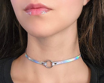 Holographic Collar Choker with Silver O Ring Faux Leather Cyberpunk Choker, Pastel Goth Necklace, Iridescent Cybergoth Rainbow Rave Jewelry