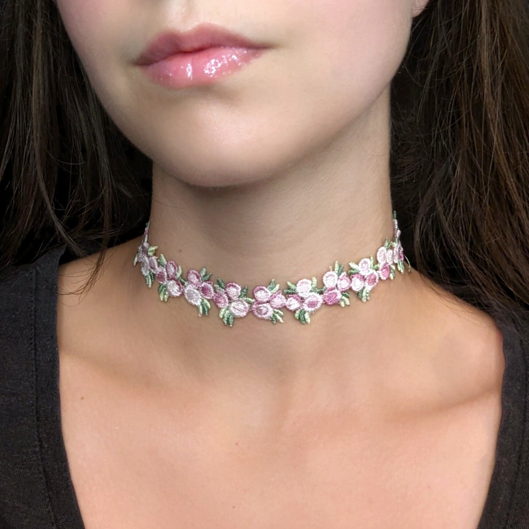 Pink Flower Lace Choker Floral Embroidery Lace Necklace, Coquette Mauve Rose Choker, Whimsical Fairycore Necklace, Cottagecore Fairy Jewelry