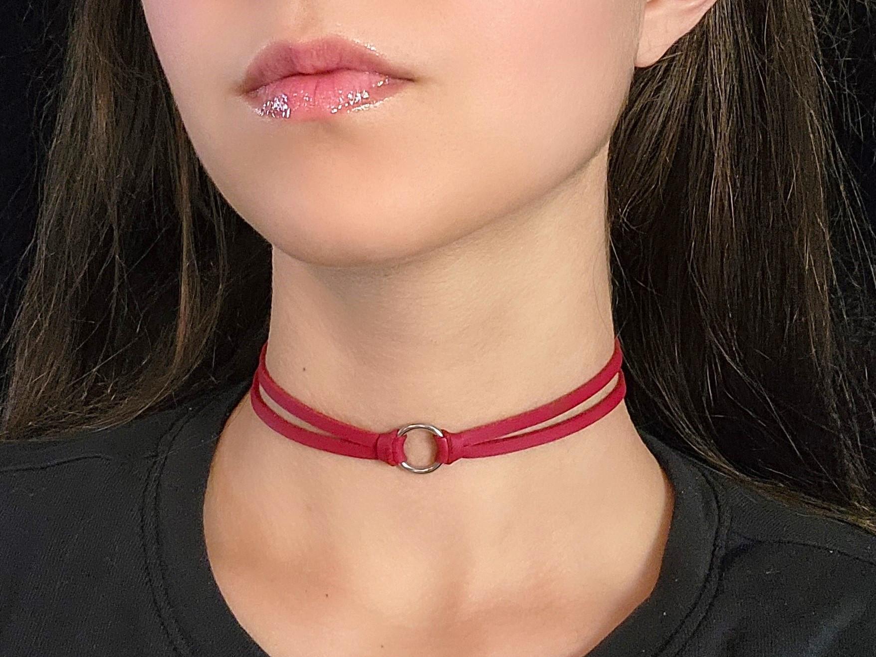 Red Collar Choker, Small Knot O Ring Faux Leather Necklace, Egirl