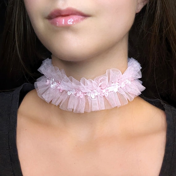 Pink Ruffle Choker, Wide Frilly Necklace, Kawaii Sweet Lolita Pink Ruffle Choker, Wide Frilly Necklace, Kawaii Sweet Lolita