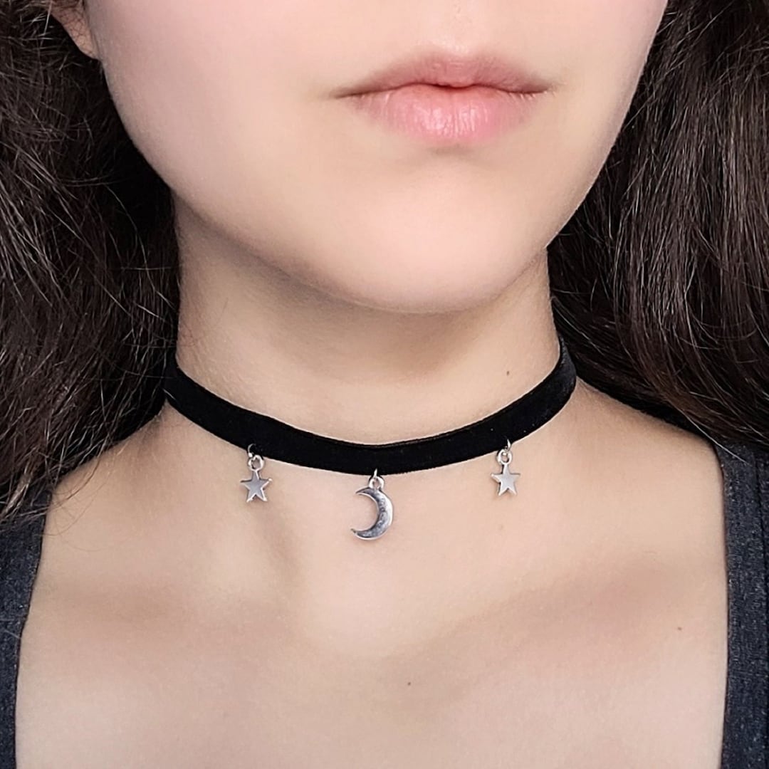 Black Chokers With A Small Charm Black Velvet Moon Choker