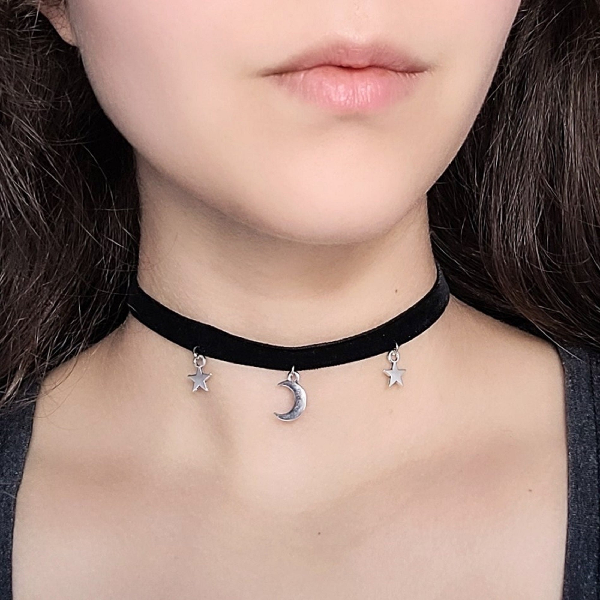 Black Velvet Moon Choker, Crescent Moon Charm, 90s Goth