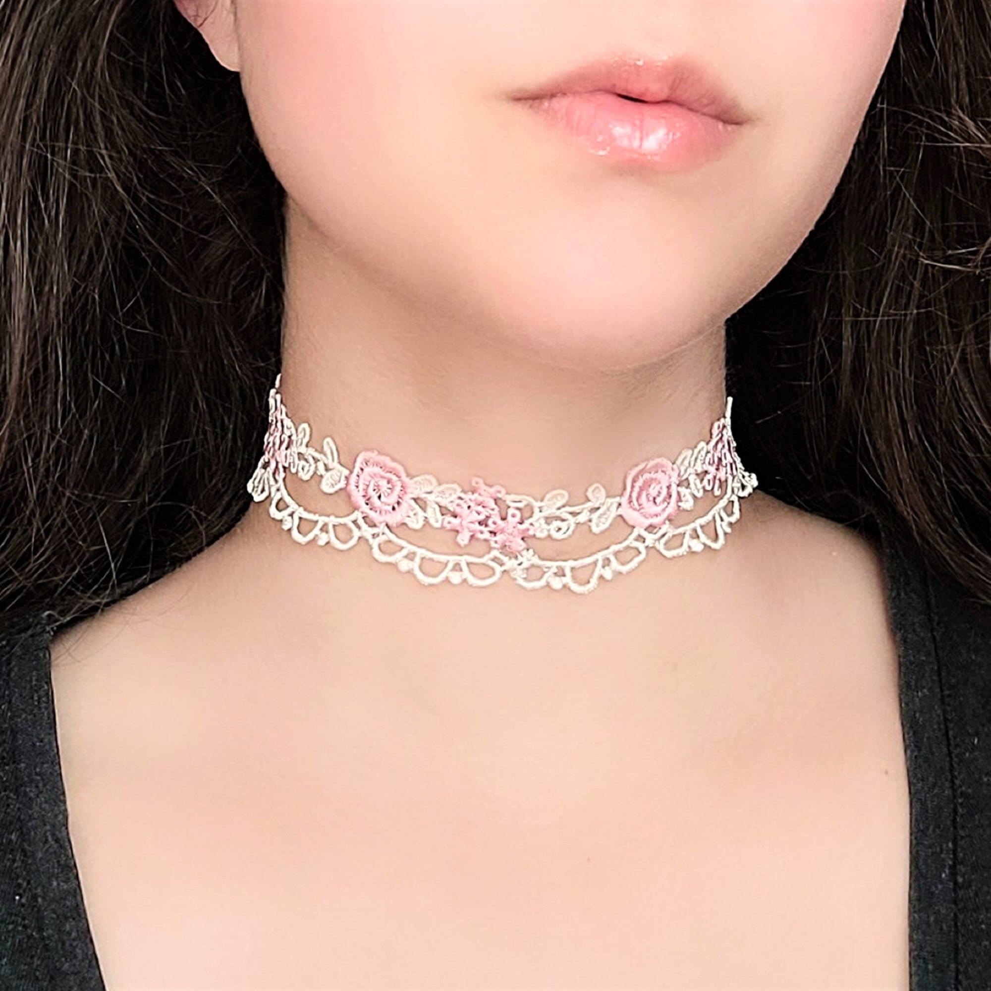 White Lace Choker, Pink Rose Necklace, Dainty Floral Victorian