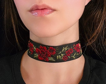 Red Rose Choker, Whimsigoth Victorian Choker, Gothic Jewelry, Wide Floral Embroidered Ribbon, Whimsical Flower Goth Necklace