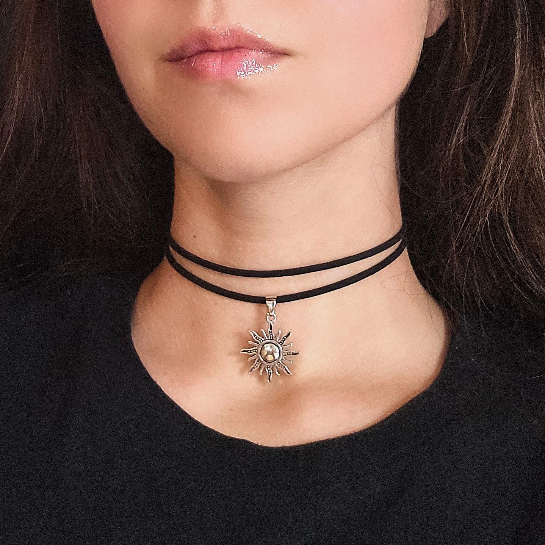 Gold Sun Necklace, Goth Thin Black Choker Layered Necklace, Boho 