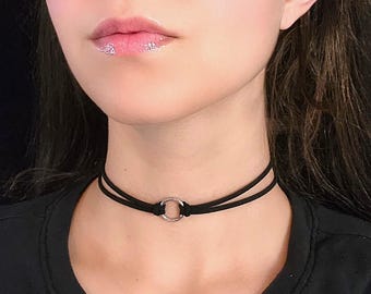 Ras de cou fin, petit collier imitation cuir noir avec joint torique, tour de cou gothique délicat, collier superposé en daim, bijoux punk eGirl grunge