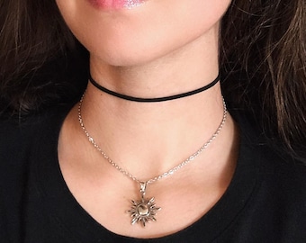 Gold Sun Necklace, Goth Thin Black Choker Layered Necklace, Boho Star Charm Necklace, Dainty Chain Choker, 90s Grunge Celestial Jewelry