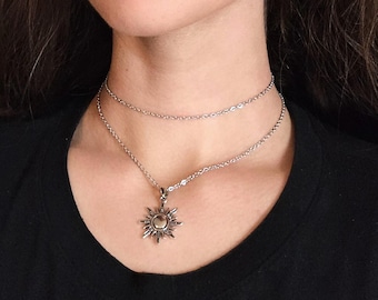 Gold Sun Necklace, Thin Dainty Chain Choker Layered Necklace, Boho Star Charm Necklace, Whimsigoth Celestial Jewelry