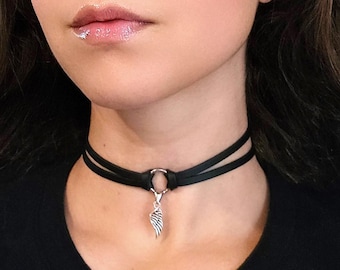 Silver Angel Wing Necklace, Goth Black Knot O Ring Choker Layered Necklace, Whimsigoth Necklace, Faux Leather Choker, Gothic Jewelry