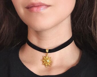 Gold Sun Necklace, Goth Black Velvet Choker, Whimsigoth Boho Star Charm Necklace, 90s Grunge Celestial Jewelry, Gothic Choker