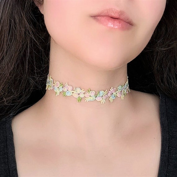 Floral Lace Choker, Whimsical Necklace, Pastel Pink Rose Embroidery, Blue Flower Necklace, Fantasy Fairycore Jewelry