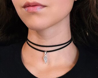 Silver Angel Wing Necklace, Goth Thin Black Choker Layered Necklace, Whimsigoth Charm Necklace, Faux Leather Choker, Gothic Jewelry