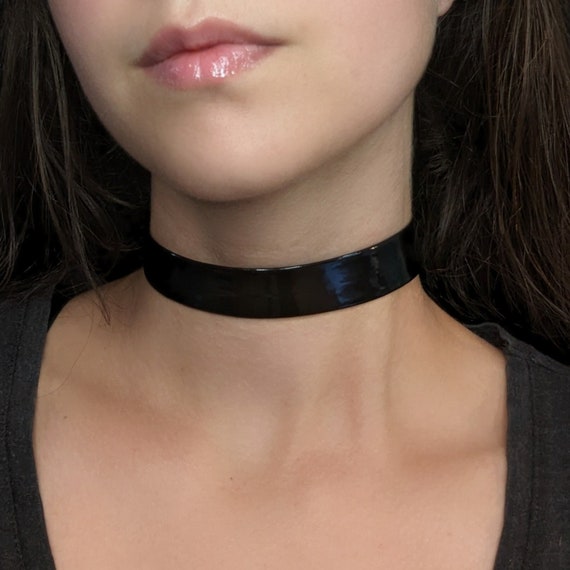 黒 M 激レアロング丈 90s Shirin Guild Band collar Black Patent Leather Choker Collar, Vegan Faux Leather Necklace