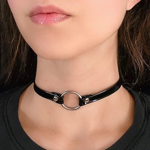 Black Choker Collar Cyberpunk Silver O Ring Goth Necklace, Faux Leather Cybergoth Necklace, Gothic Necklace, Punk eGirl Grunge Jewelry