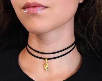 Gold Angel Wing Necklace, Goth Thin Black Choker Layered Necklace, Whimsigoth Charm Necklace, Faux Leather Choker, Gothic Jewelry