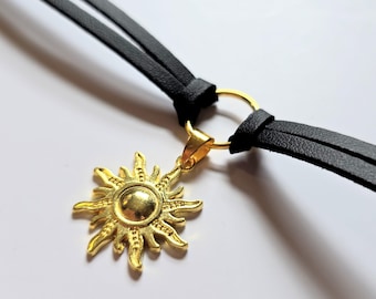 Gold Sun Necklace, Goth Black Knot O Ring Choker Layered Necklace