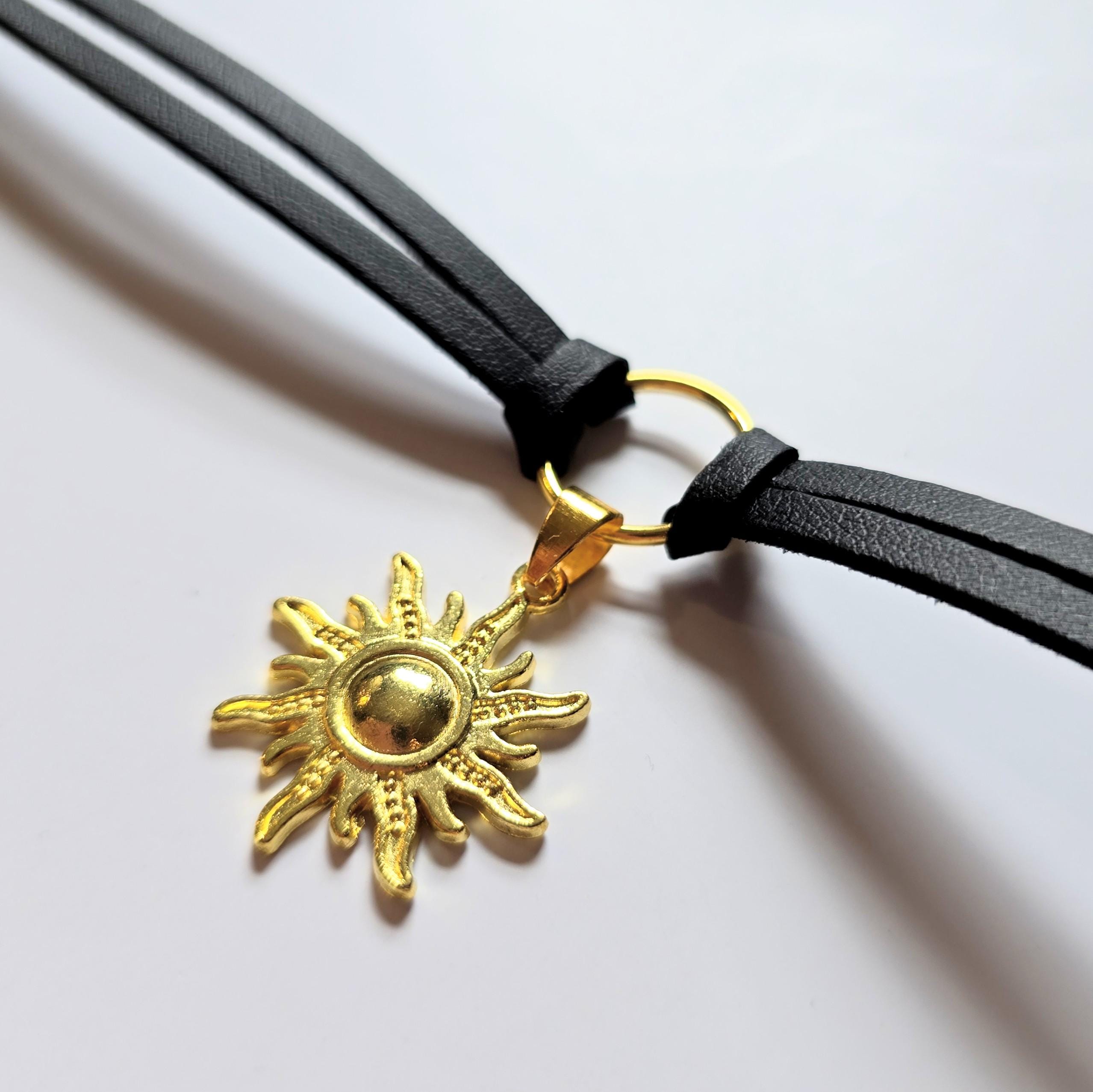 Gold Sun Necklace, Goth Black Knot O Ring Choker Layered Necklace