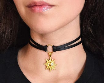 Gold Sun Necklace, Goth Black Knot O Ring Choker Layered Necklace, Star Charm Necklace, Faux Leather Choker, 90s Grunge Celestial Jewelry