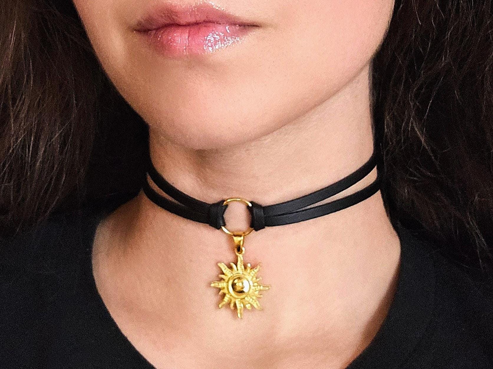 Gold Sun Necklace, Goth Black Knot O Ring Choker Layered Necklace