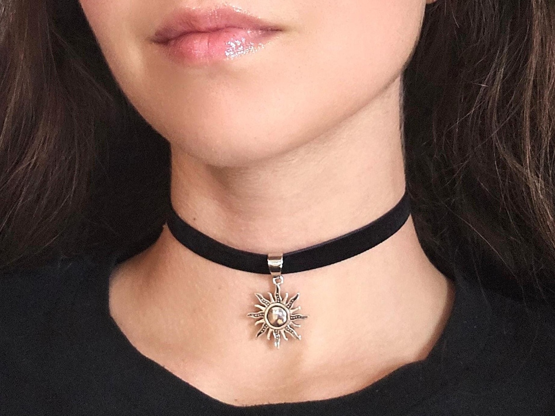 Silver Sun Necklace, Goth Black Velvet Choker, Whimsigoth Boho Star ...