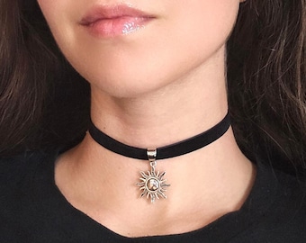 Silver Sun Necklace, Goth Black Velvet Choker, Whimsigoth Boho Star Charm Necklace, 90s Grunge Celestial Jewelry, Gothic Choker