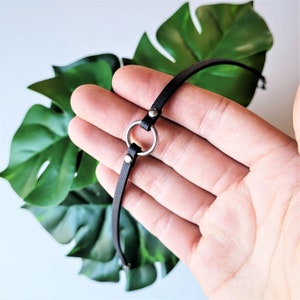 May include: A black leather choker necklace with a silver ring accent. The choker is adjustable and has a simple design.