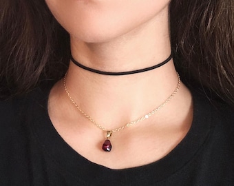 Pomegranate Necklace, Thin Black Choker Layered Red Pendant Persephone Jewelry, Dainty Gold Chain Charm Necklace, Faux Leather Choker