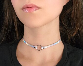 Holographic Collar Choker Black O Ring Faux Leather Cyberpunk Choker, Pastel Goth Necklace, Rainbow Iridescent Cybergoth Rave Jewelry