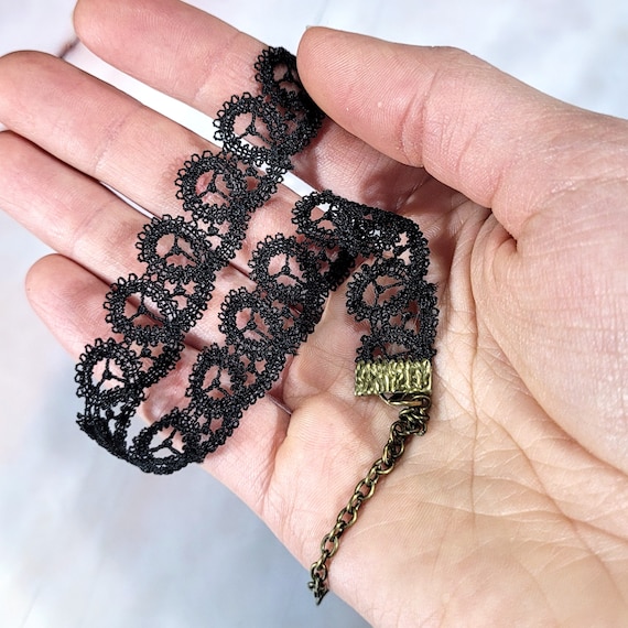 Collana girocollo in pizzo gotico con cristalli neri, collana con strass a goccia d'acqua, collana vintage in pizzo nero, gioielli per donne e