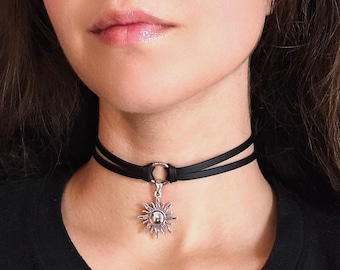 Silver Sun Necklace, Goth Black Knot O Ring Choker Layered Necklace, Star Charm Necklace, Faux Leather Choker, 90s Grunge Celestial Jewelry