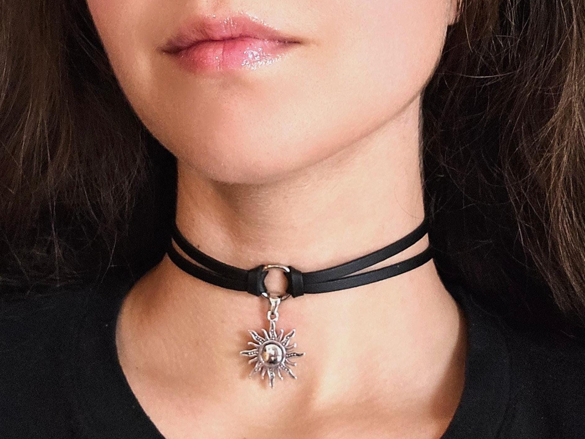 Silver Sun Necklace, Goth Black Knot O Ring Choker Layered